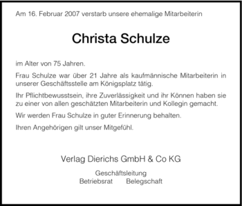 Todesanzeige von Christa Schulze von HNA