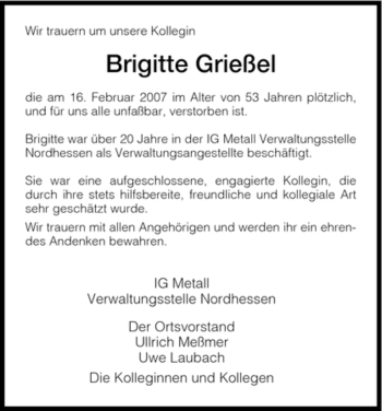 Todesanzeige von Brigitte Griessel von HNA