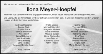 Todesanzeige von Ilona Meyer-Hoepfel von HNA