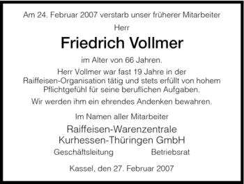 Todesanzeige von Friedrich Vollmer von HNA