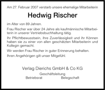 Todesanzeige von Hedwig Rischer von HNA