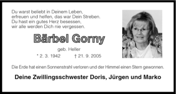 Todesanzeige von Baerbel Gorny von HNA