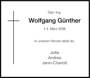 Todesanzeige von Wolfgang Guenther von HNA