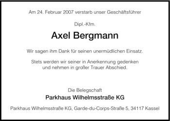 Todesanzeige von Axel Bergmann von HNA