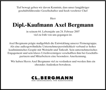 Todesanzeige von Axel Bergmann von HNA