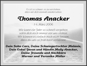 Todesanzeige von Thomas Anacker von HNA