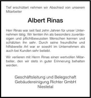 Todesanzeige von Albert Rinas von HNA