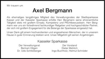 Todesanzeige von Axel Bergmann von HNA