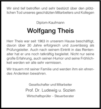 Todesanzeige von Wolfgang Theis von HNA