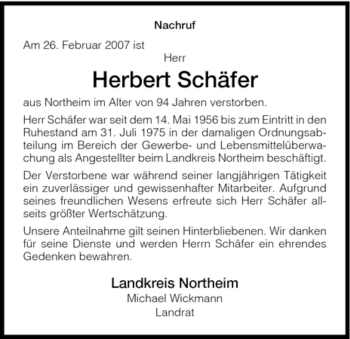 Todesanzeige von Herbert Schäfer von HNA