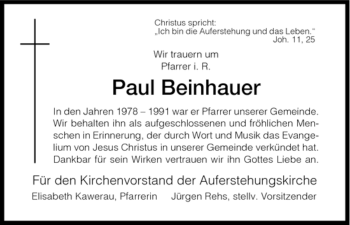 Todesanzeige von Paul Beinhauer von HNA