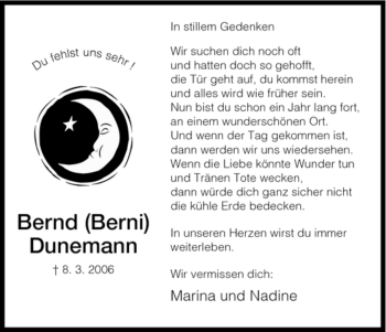 Todesanzeige von Bernd Dunemann von HNA