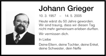 Todesanzeige von Johann Grieger von HNA