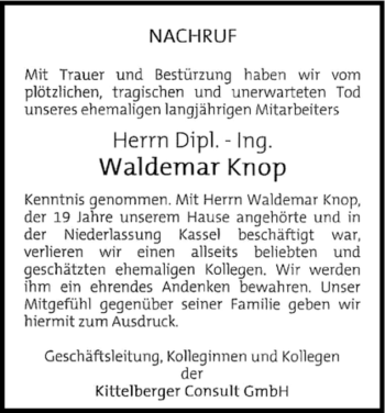 Todesanzeige von Waldemar Knop von HNA