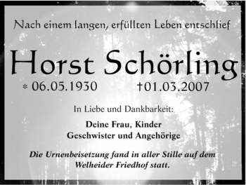 Todesanzeige von Schörling Horst von HNA