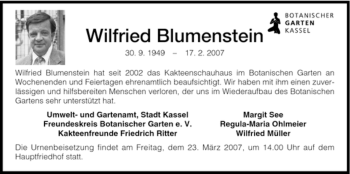 Todesanzeige von Wilfried Blumenstein von HNA