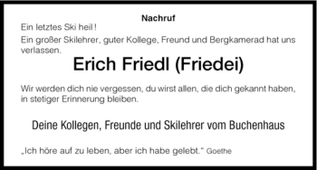 Todesanzeige von Erich Friedl von HNA