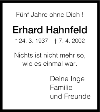 Todesanzeige von Erhard Hahnfeld von HNA