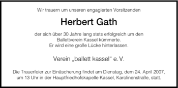 Todesanzeige von Herbert Gath von HNA