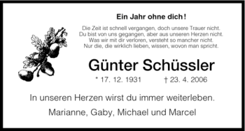 Todesanzeige von Günter Schüssler von HNA