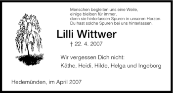 Todesanzeige von Lilli Wittwer von HNA