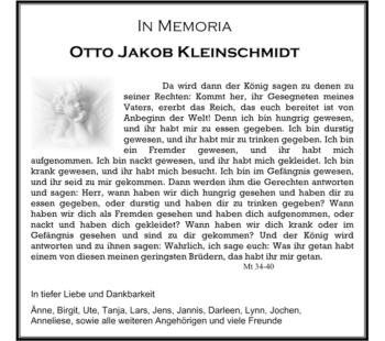 Todesanzeige von Otto Jakob Kleinschmidt von HNA