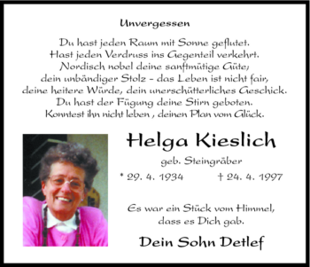 Todesanzeige von Helga Kieslich von HNA