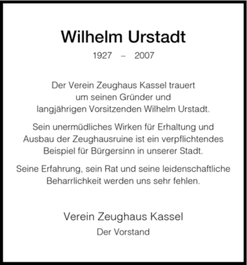 Todesanzeige von Urstadt Wilhelm von HNA