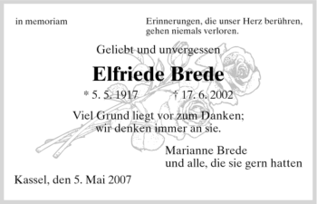 Todesanzeige von Elfriede Brede von HNA