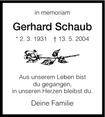 Todesanzeige von Gerhard Schaub von HNA