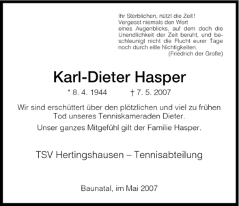 Todesanzeige von Karl-Dieter Hasper von HNA