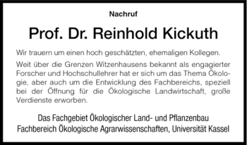 Todesanzeige von Reinhold Kickuth von HNA