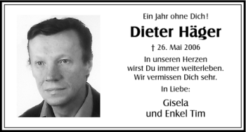 Todesanzeige von Dieter Häger von HNA