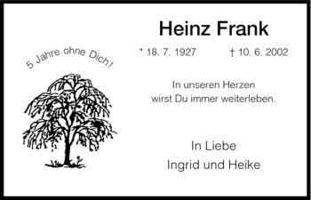 Todesanzeige von Heinz Frank von HNA