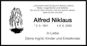 Todesanzeige von Alfred Niklaus von HNA