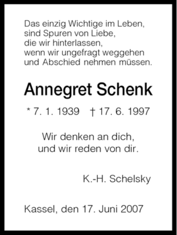 Todesanzeige von Annegret Schenk von HNA