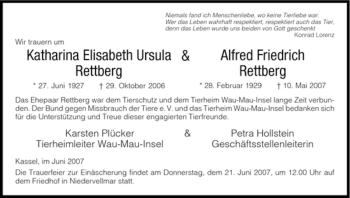 Todesanzeige von Katharina Elisabeth Ursula & Alfred Friedrich Rettberg von HNA