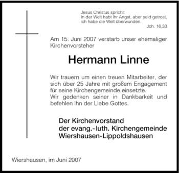 Todesanzeige von Hermann Linne von HNA