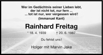 Todesanzeige von Rainhard Freitag von HNA