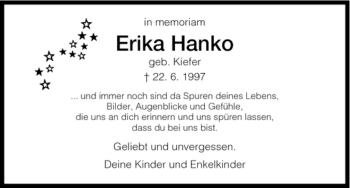 Todesanzeige von Erika Hanko von HNA