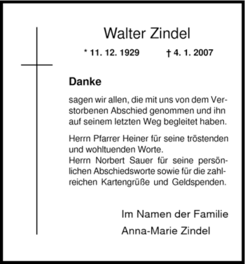 Todesanzeige von Walter Zindel von HNA