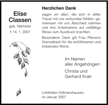 Todesanzeige von Elise Classen von HNA