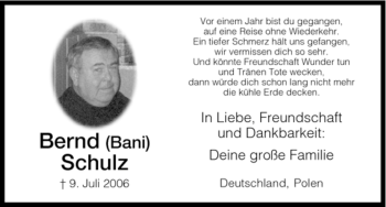 Todesanzeige von Bernd Schultz von HNA