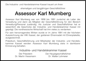 Todesanzeige von Assessor Karl Mumberg von HNA