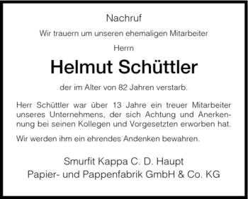 Todesanzeige von Helmut Schüttler von HNA