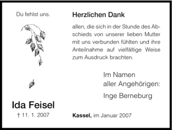 Todesanzeige von Ida Feisel von HNA