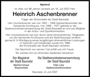 Todesanzeige von Heinrich Aschenbrenner von HNA