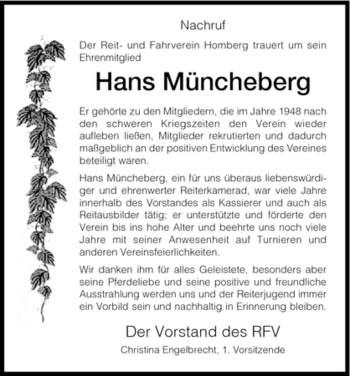 Todesanzeige von Hans Müncheberg von HNA