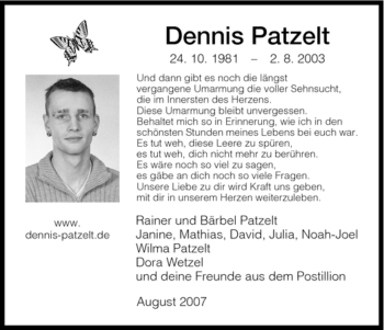 Todesanzeige von Dennis Patzelt von HNA