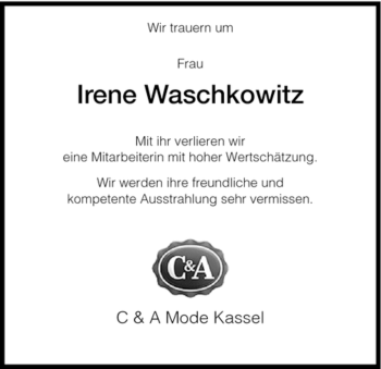 Todesanzeige von Irene Waskowitz von HNA